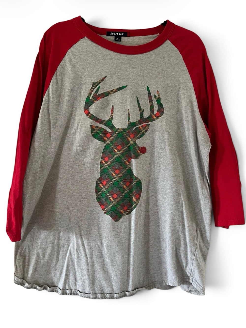 Sport-Tek Women’s Red Raglan Sleeve Grey Tee with Plaid Reindeer